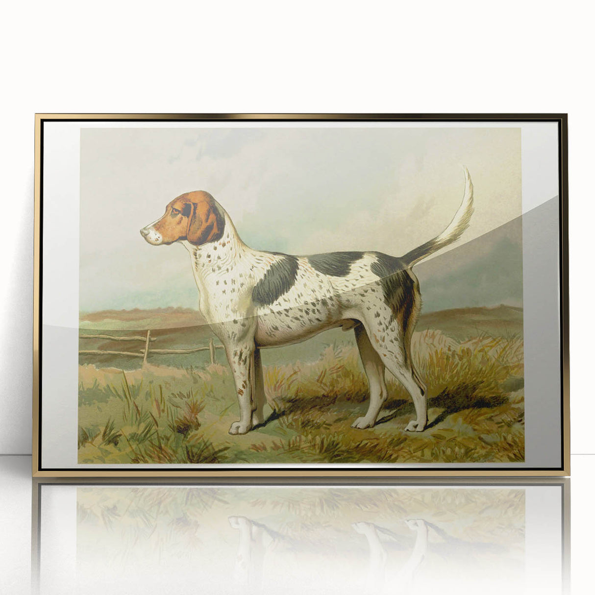 Framed wall art featuring a striking Dalmatian design in vibrant colors, set in an elegant acrylic frame with a gold finish, ideal for dog lovers' decor.