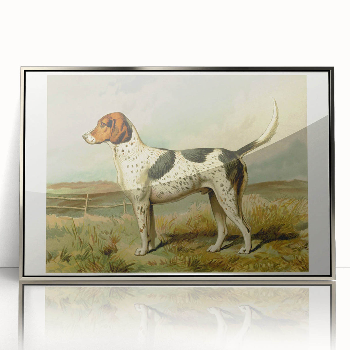 Framed wall art featuring a striking Dalmatian design in acrylic with a silver frame, showcasing a playful dog against a vibrant background, ideal for pet lovers.