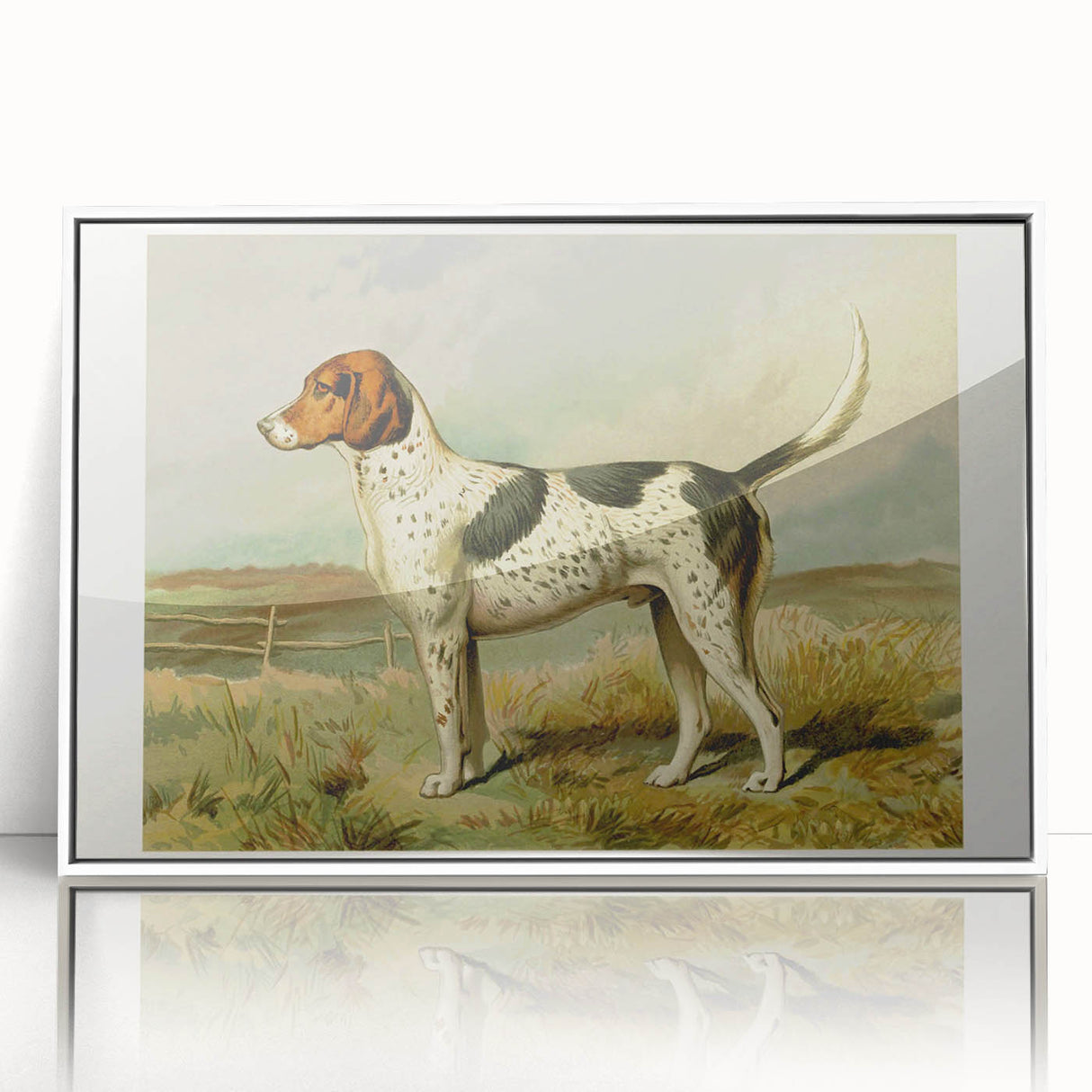 Framed acrylic wall art featuring a striking Dalmatian design in a contemporary white frame, ideal for dog lovers and modern home decor. The artwork showcases vibrant colors and detailed illustrations that enhance any room's aesthetic.