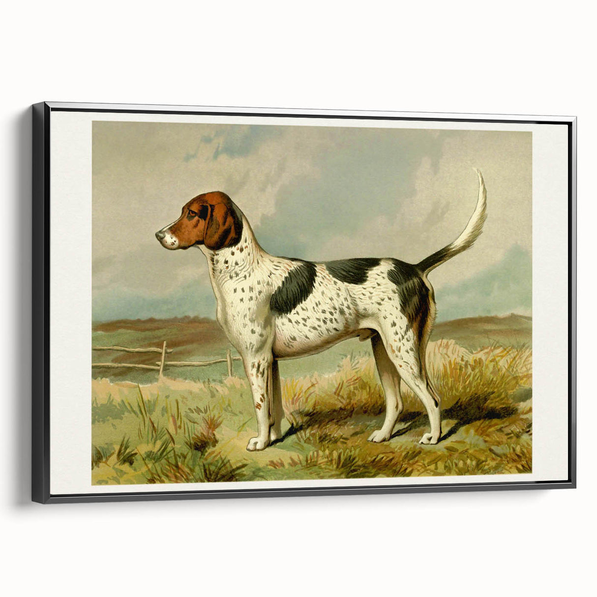 Framed canvas wall art showcasing a striking Dalmatian design in black, featuring a modern aesthetic perfect for dog lovers, displayed from a side view.