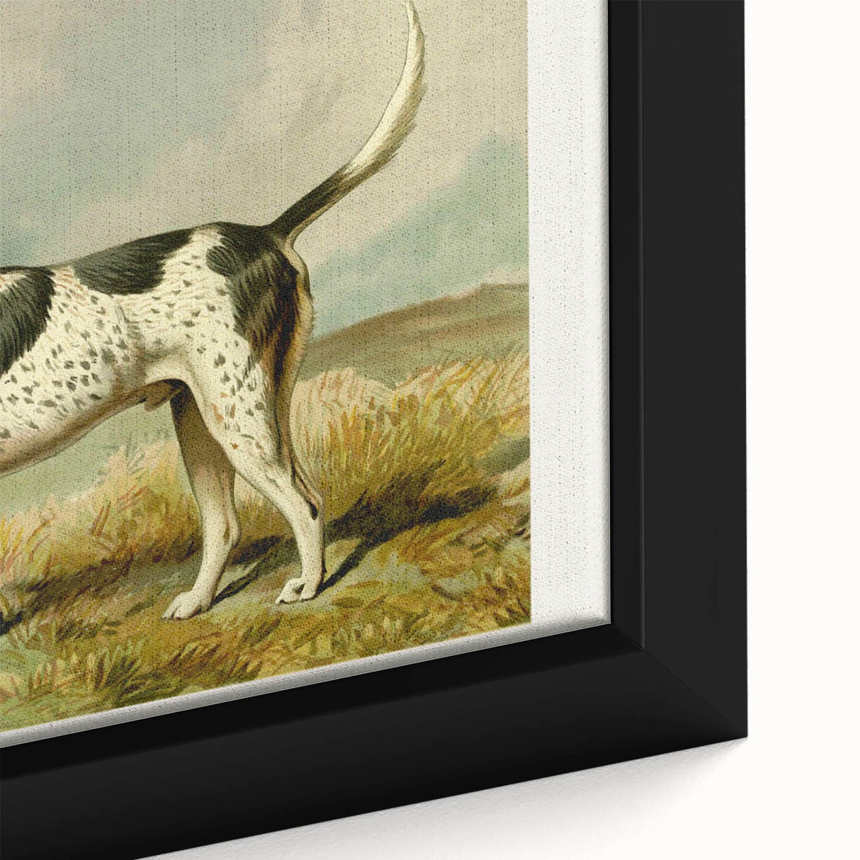 Close-up of a framed canvas artwork showcasing a vibrant Dalmatian design, featuring distinct black spots on a white background, perfect for dog lovers’ home decor.