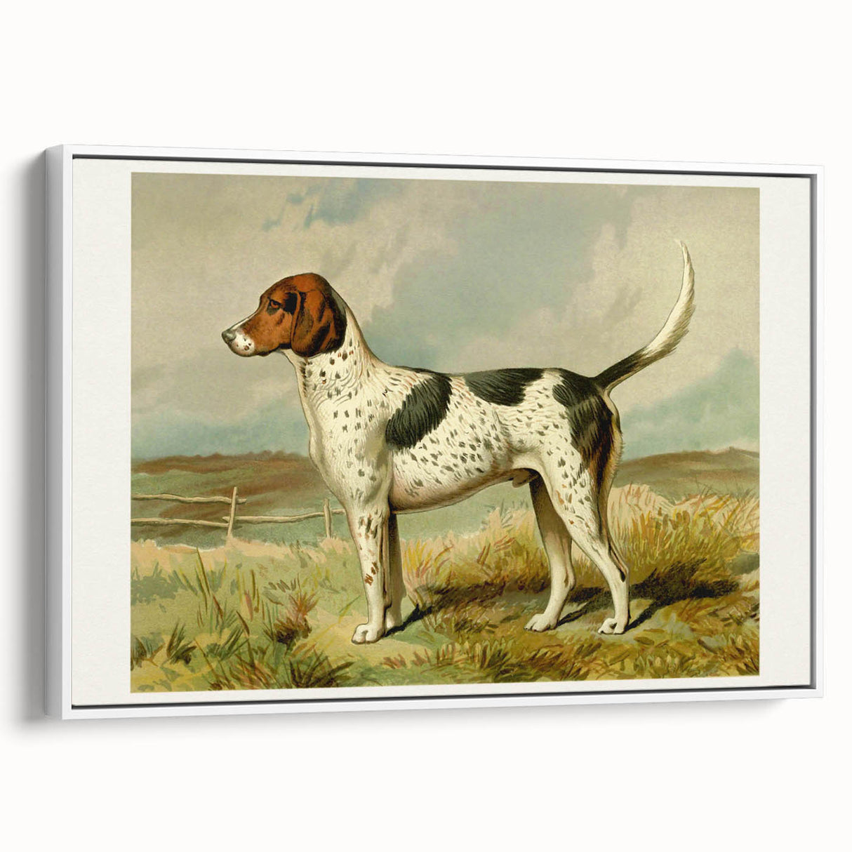 Framed canvas wall art showcasing a stylish Dalmatian design in a white frame, ideal for modern home décor, emphasizing playful elegance and canine charm.