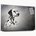 Dalmatian wall art collection displayed as an acrylic glass piece, showcasing a side view with decorative pins, perfect for modern home decor. This vibrant design highlights the playful nature of Dalmatians, enhancing any interior space.