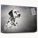 Dalmatian wall art collection displayed as an acrylic glass piece, showcasing a side view with decorative pins, perfect for modern home decor. This vibrant design highlights the playful nature of Dalmatians, enhancing any interior space.