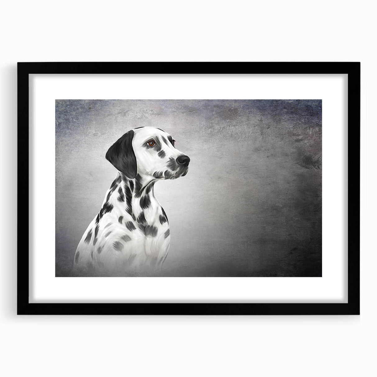 Framed wall art featuring a Dalmatian design, showcasing a sleek black frame that enhances the artwork's vibrant colors, ideal for dog lovers' home decor.