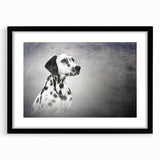 Framed wall art featuring a Dalmatian design, showcasing a sleek black frame that enhances the artwork's vibrant colors, ideal for dog lovers' home decor.