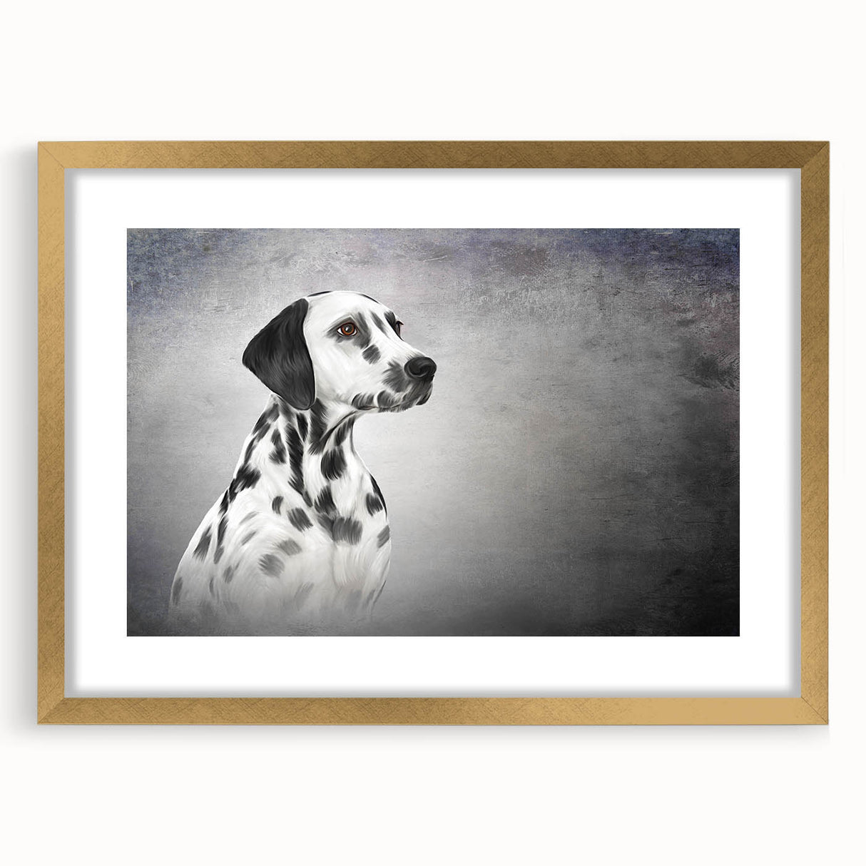 Framed wall art featuring a stylish Dalmatian design with a gold mat, showcasing a front view of the print, perfect for dog lovers' home decor.