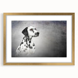 Framed wall art featuring a stylish Dalmatian design with a gold mat, showcasing a front view of the print, perfect for dog lovers' home decor.