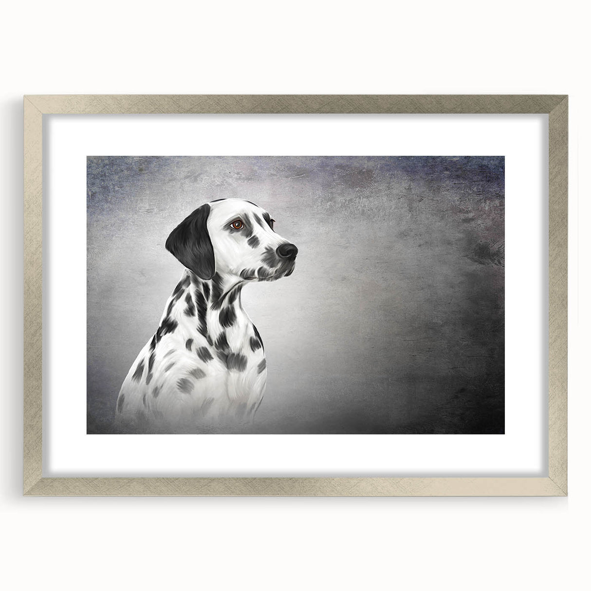 Framed wall art featuring a striking Dalmatian design, set in a silver frame with a mat, perfect for dog lovers and home decor enthusiasts. The artwork showcases the unique spotted pattern of the Dalmatian breed, enhancing any interior space with a touch of elegance and charm.