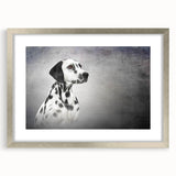 Framed wall art featuring a striking Dalmatian design, set in a silver frame with a mat, perfect for dog lovers and home decor enthusiasts. The artwork showcases the unique spotted pattern of the Dalmatian breed, enhancing any interior space with a touch of elegance and charm.