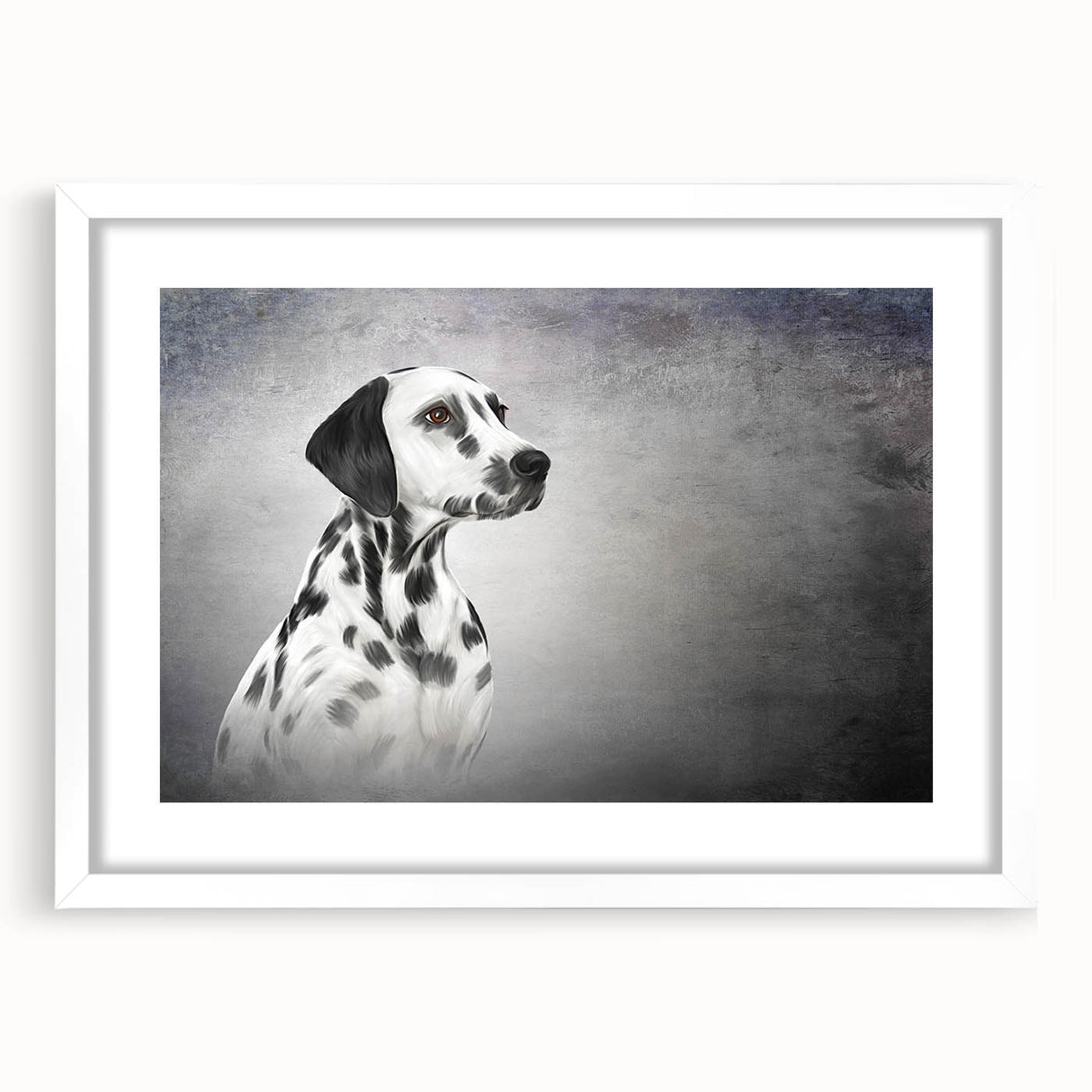 Framed Dalmatian-themed wall art collection featuring a striking black and white design, displayed with a white mat, perfect for dog lovers' home decor.