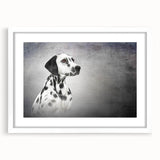 Framed Dalmatian-themed wall art collection featuring a striking black and white design, displayed with a white mat, perfect for dog lovers' home decor.