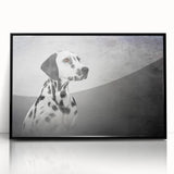 Framed acrylic wall art featuring a Dalmatian design, showcasing a striking black and white color scheme. Perfect for dog lovers and modern home decor, this piece adds a stylish touch to any room.