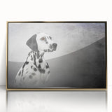 Framed wall art featuring a striking Dalmatian design on acrylic with a gold frame, showcasing vibrant colors and intricate details, perfect for dog lovers.