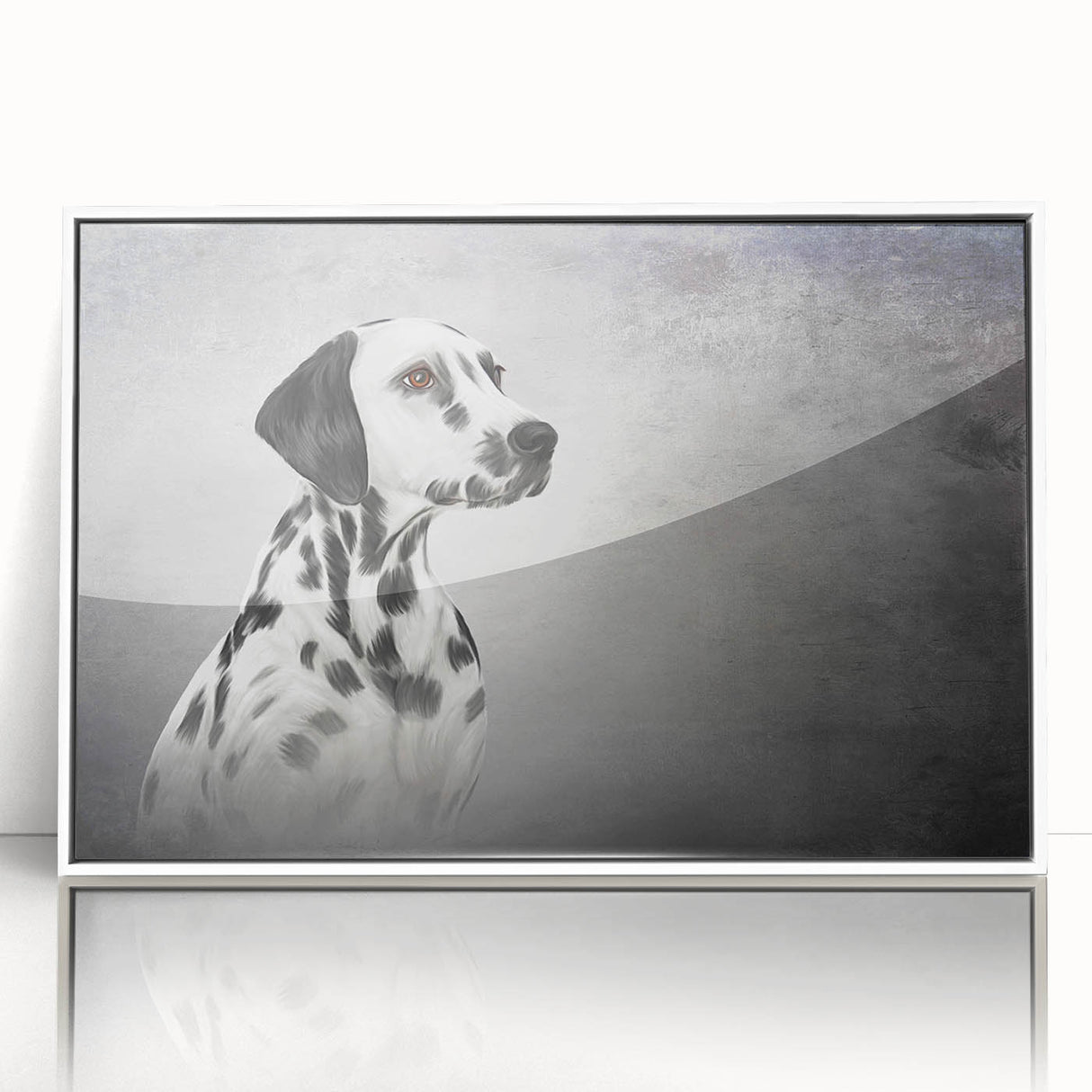 Framed wall art featuring a vibrant Dalmatian design on a white background, showcasing the dog’s distinctive black spots, perfect for pet lovers and home decor enthusiasts.