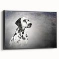 Framed canvas wall art showcasing a striking Dalmatian design in black and white, presented from a side view, perfect for dog lovers and modern decor enthusiasts.
