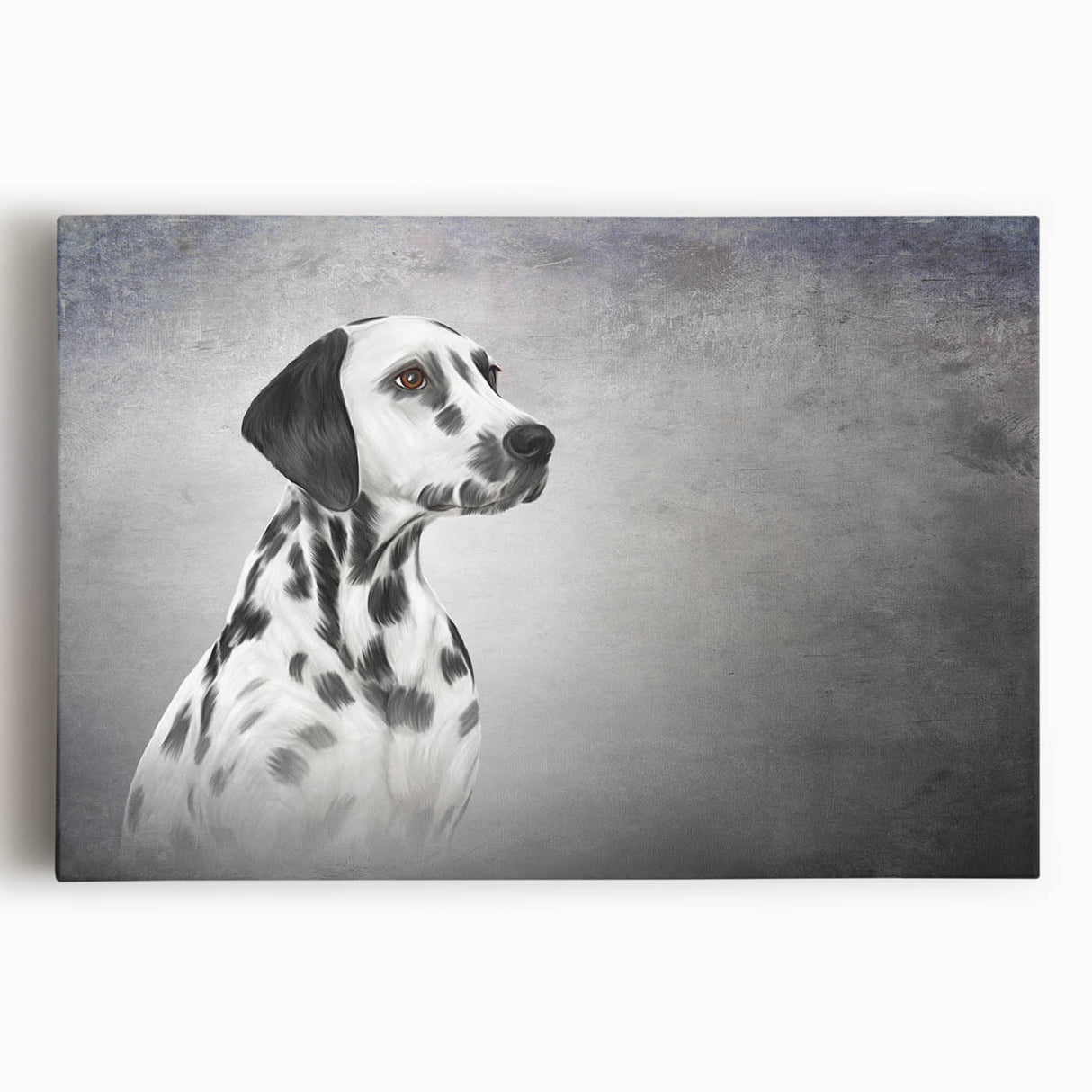 Stylish stretched canvas wall art featuring a vibrant Dalmatian design, showcasing the dog's distinctive black spots against a white background, perfect for pet lovers.