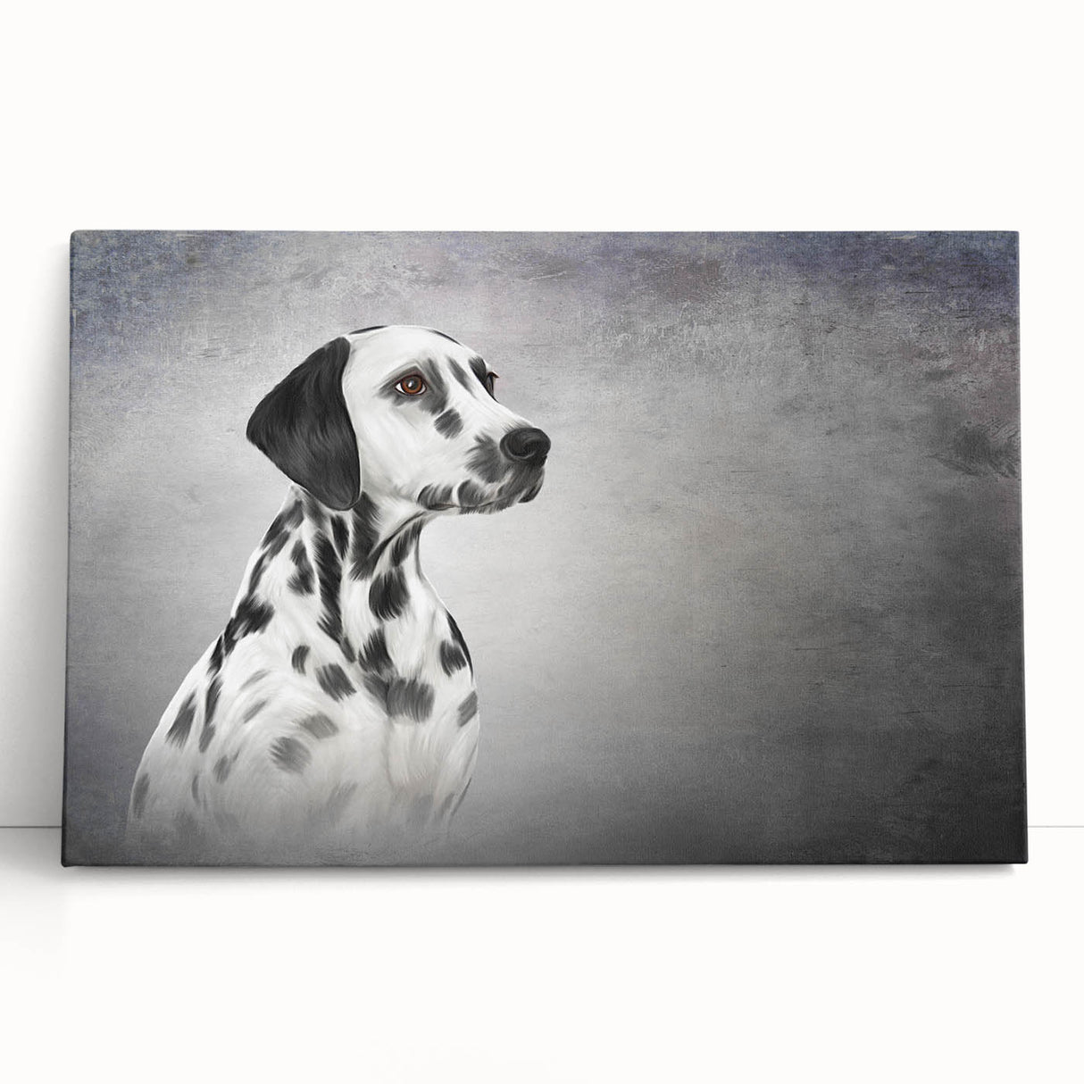 Stretched canvas wall art depicting a Dalmatian design, showcasing a playful dog silhouette against a vibrant blue background, ideal for pet lovers.
