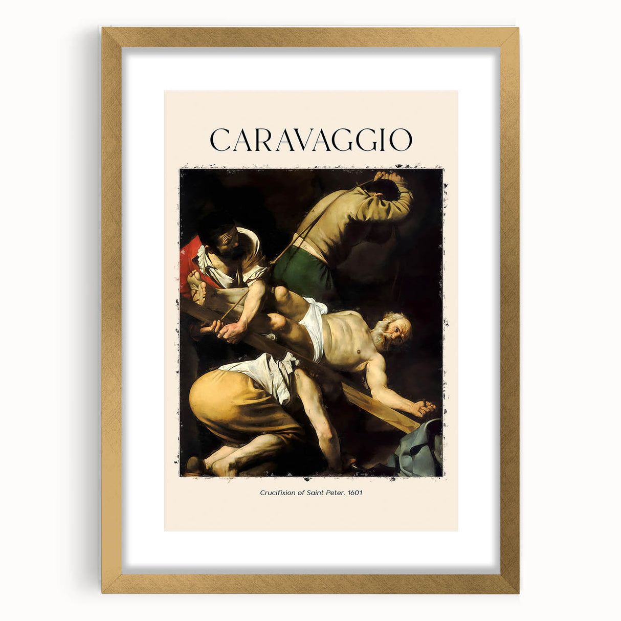Textured abstract art print of Caravaggio-inspired design in a gold frame, suitable for enhancing bedroom decor.