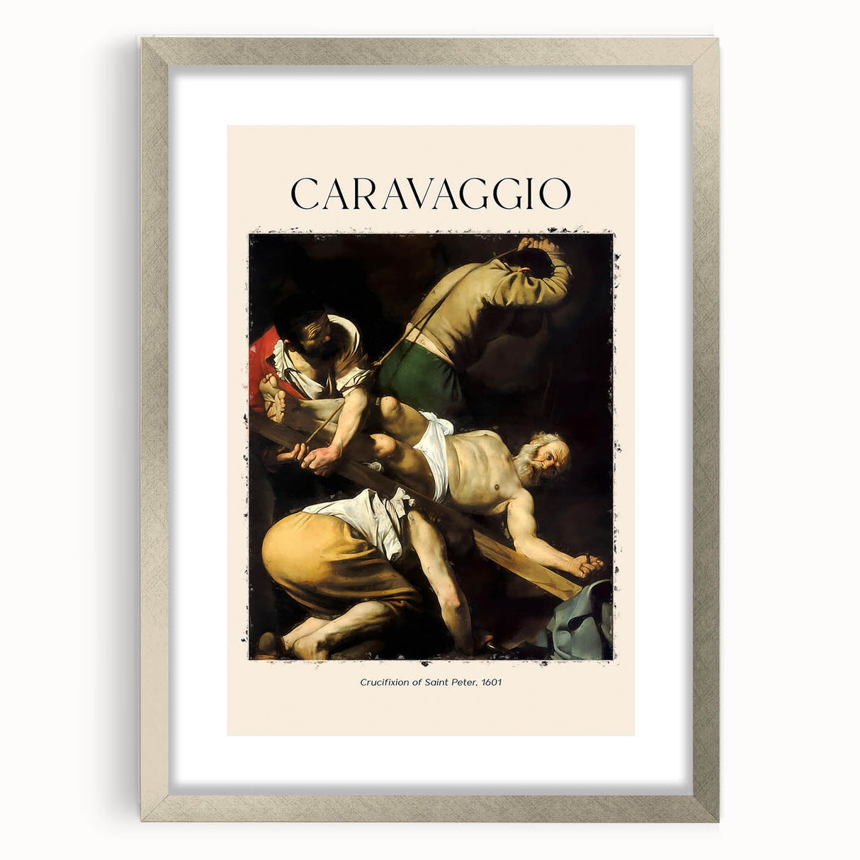 Abstract art print featuring Caravaggio-inspired design in muted earth tones, framed in silver.