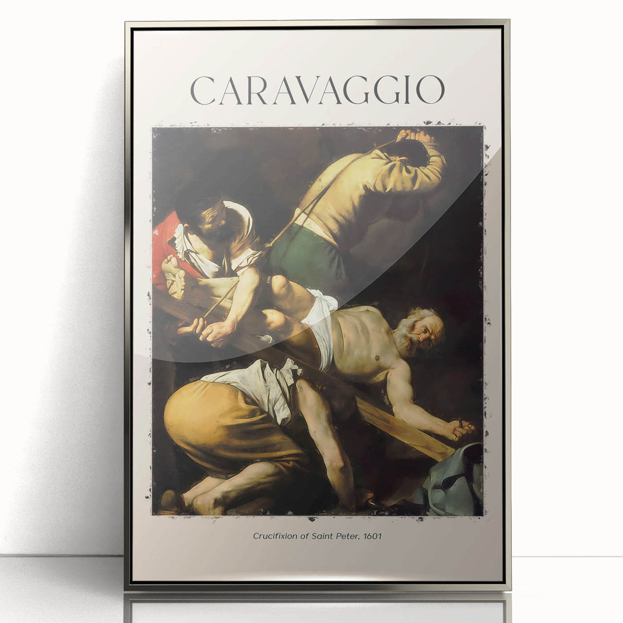 Art deco poster featuring a detailed Caravaggio design in silver frame, suitable for modern art wall decor or nursery.