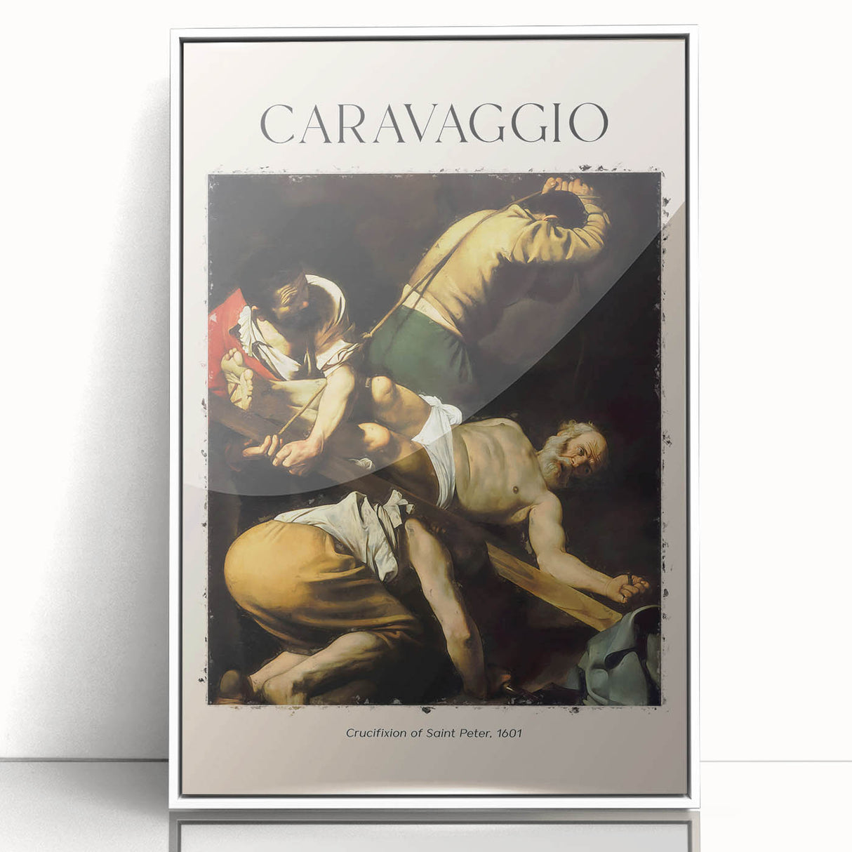 Large art print of a Caravaggio painting in a white frame, featuring mid-century modernist style, ideal for nursery wall art.