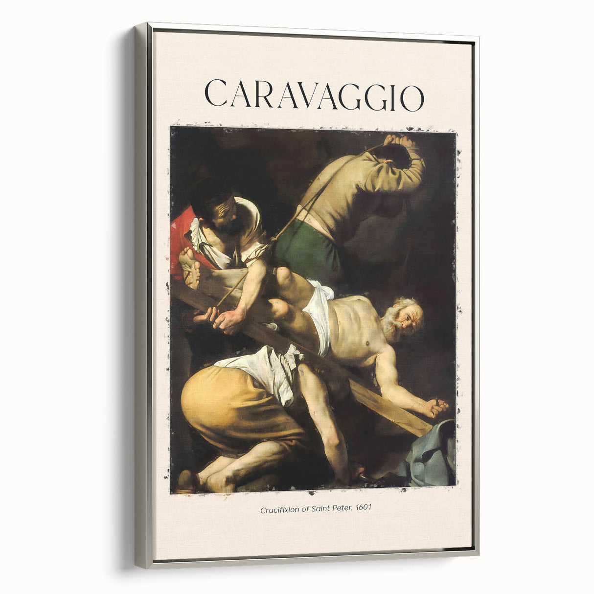 Vintage poster art of Caravaggio’s painting, featuring a colorful palette on a black background, framed in silver.