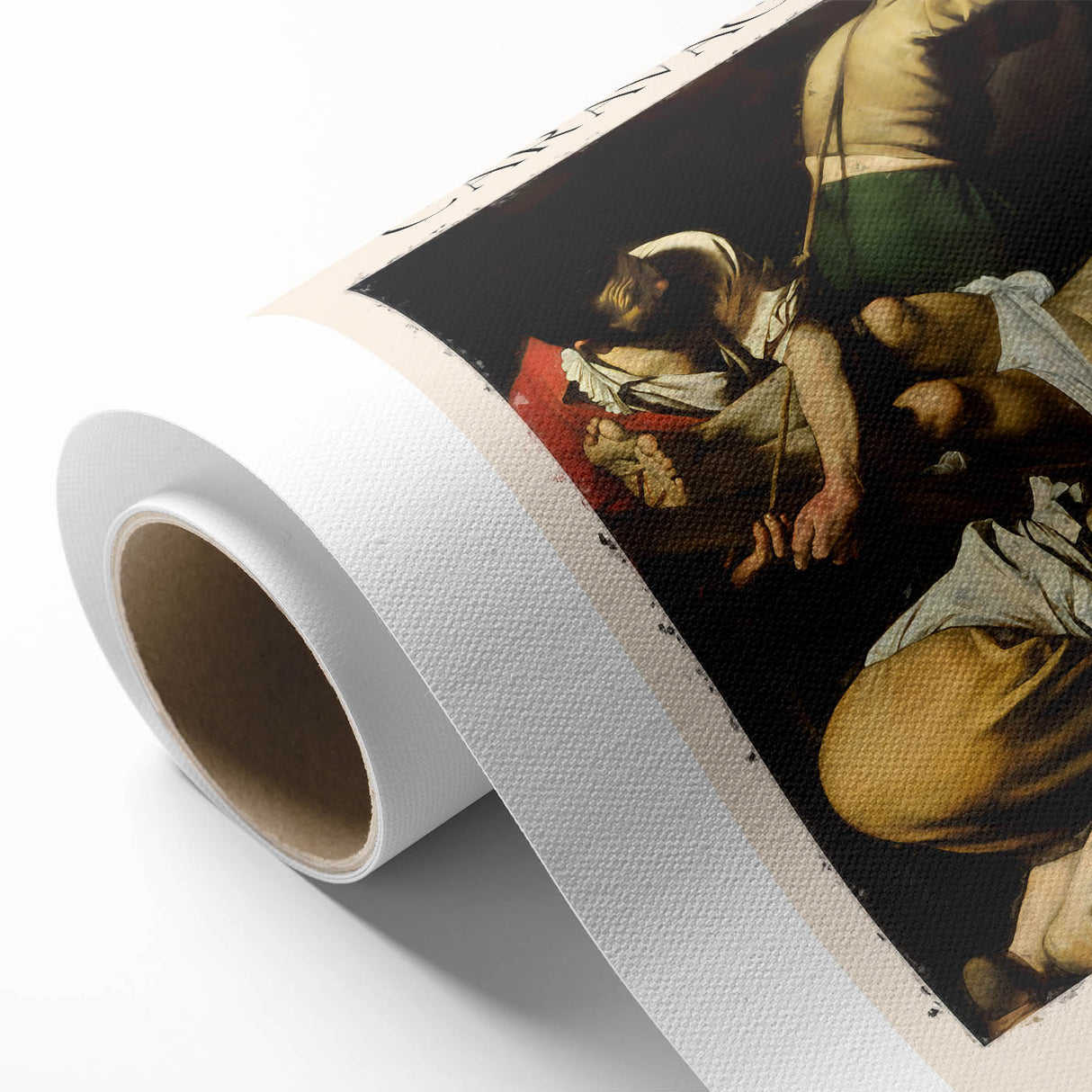 Art Deco style poster of a Caravaggio painting on rolled canvas, featuring dark and moody hues.