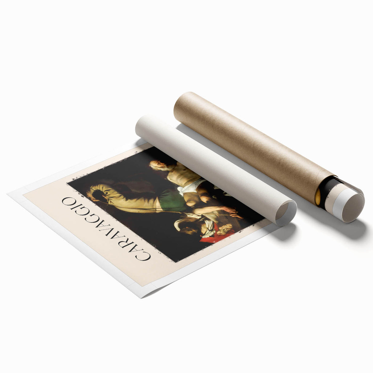 Rolled print of Caravaggio-inspired floral art in muted earth tones, suitable for classy bathroom or large living room decor.