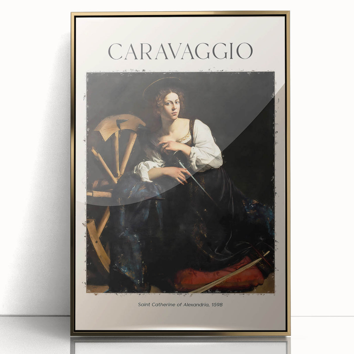Mid-century modernist art depicting a Caravaggio-inspired scene in muted gold tones, framed acrylic.
