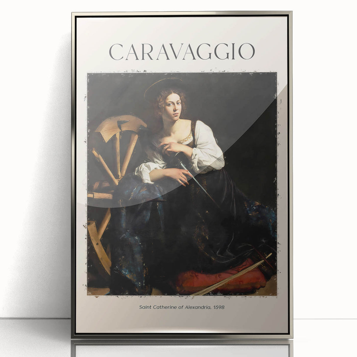 Art deco poster of Caravaggio's design in silver framed acrylic, featuring dark and light contrasts.