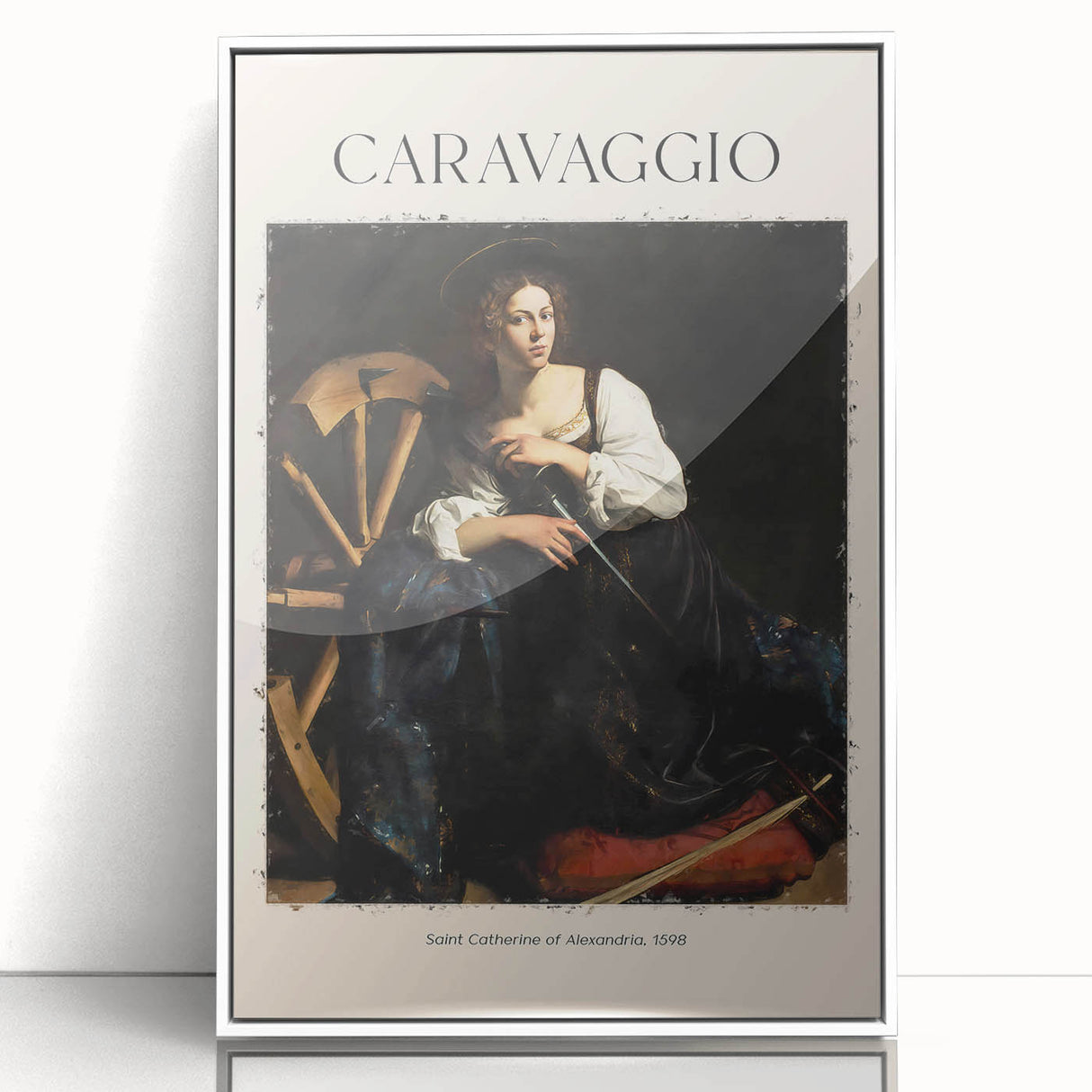 Large art print of a Caravaggio painting in a white acrylic frame, featuring mid-century modernist style.