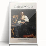 Large art print of a Caravaggio painting in a white acrylic frame, featuring mid-century modernist style.