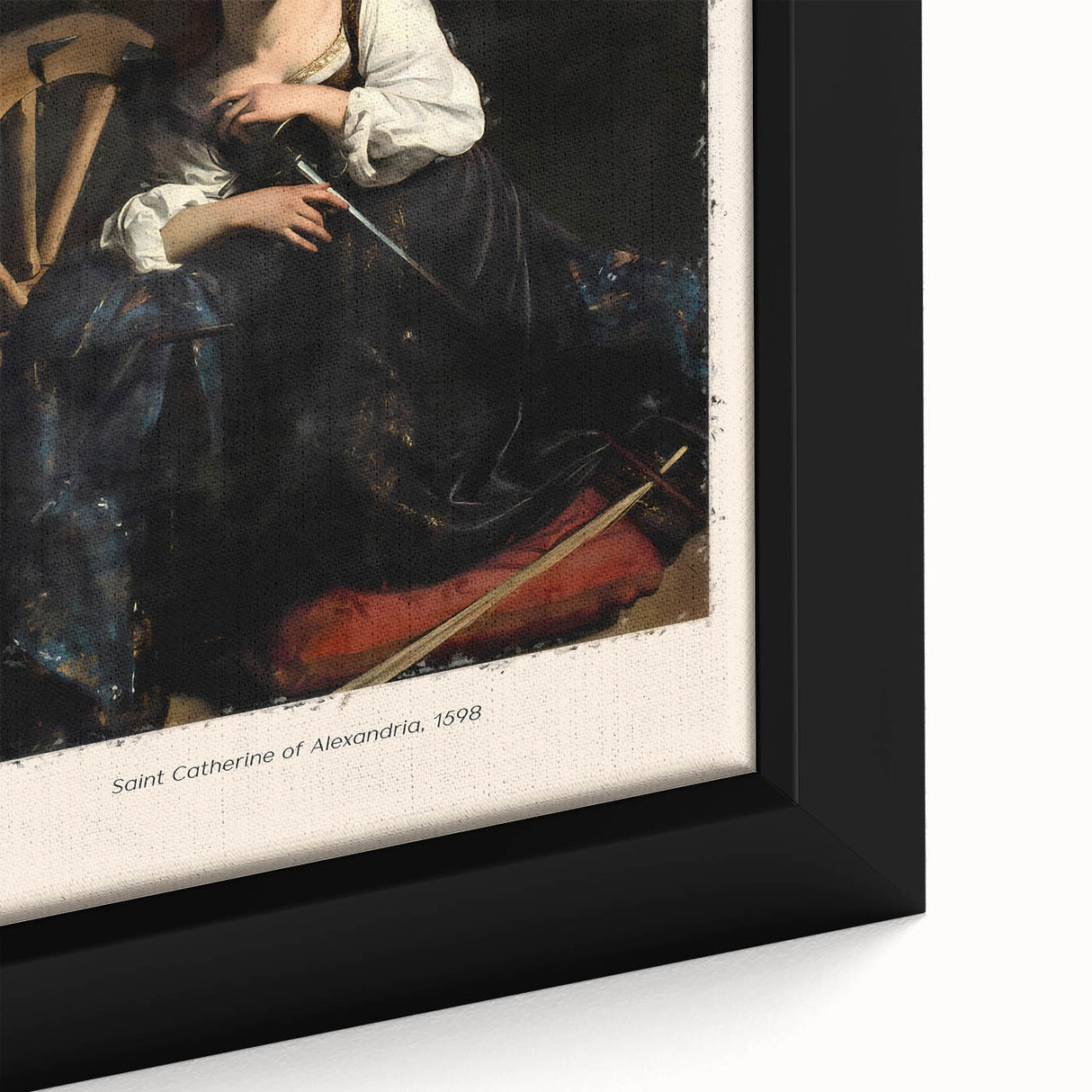 Close-up of a black framed canvas featuring a textured, colorful Caravaggio-inspired design.