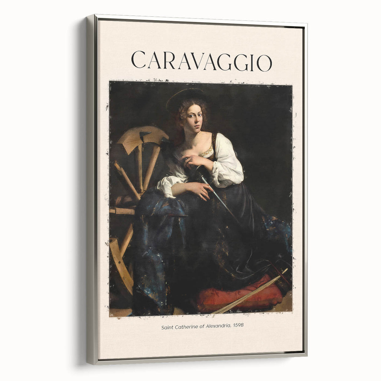 Vintage poster art of Caravaggio's design on a framed canvas, featuring vibrant colors on a black background.