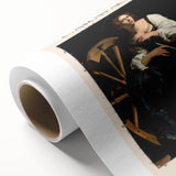 Art Deco poster featuring a Caravaggio-inspired design on rolled canvas, using dark and light contrasting tones.