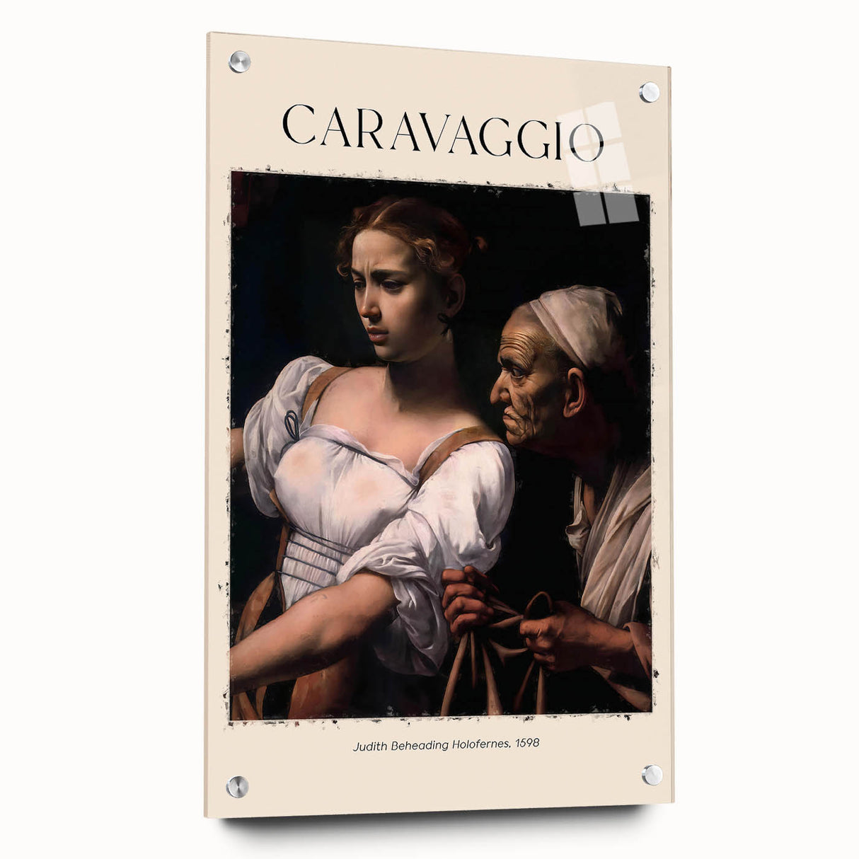 Acrylic print of Caravaggio-inspired design featuring dark, moody tones, ideal for dining room or bedroom art.