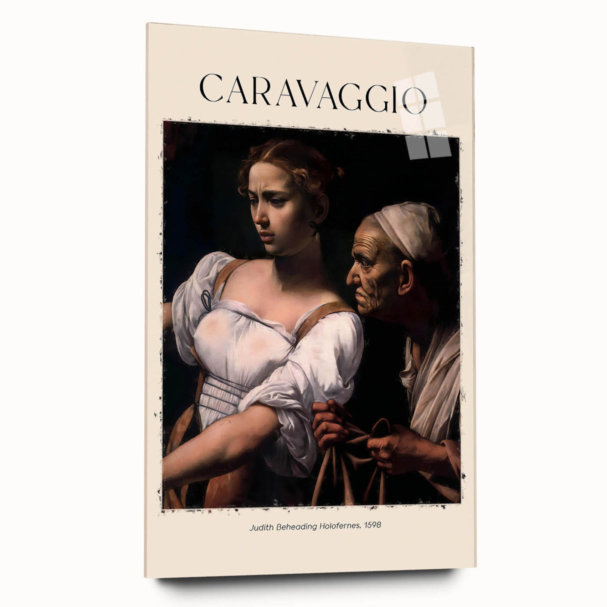 Side view of a large abstract wall art by Caravaggio in acrylic glass, featuring dark and light contrasts.