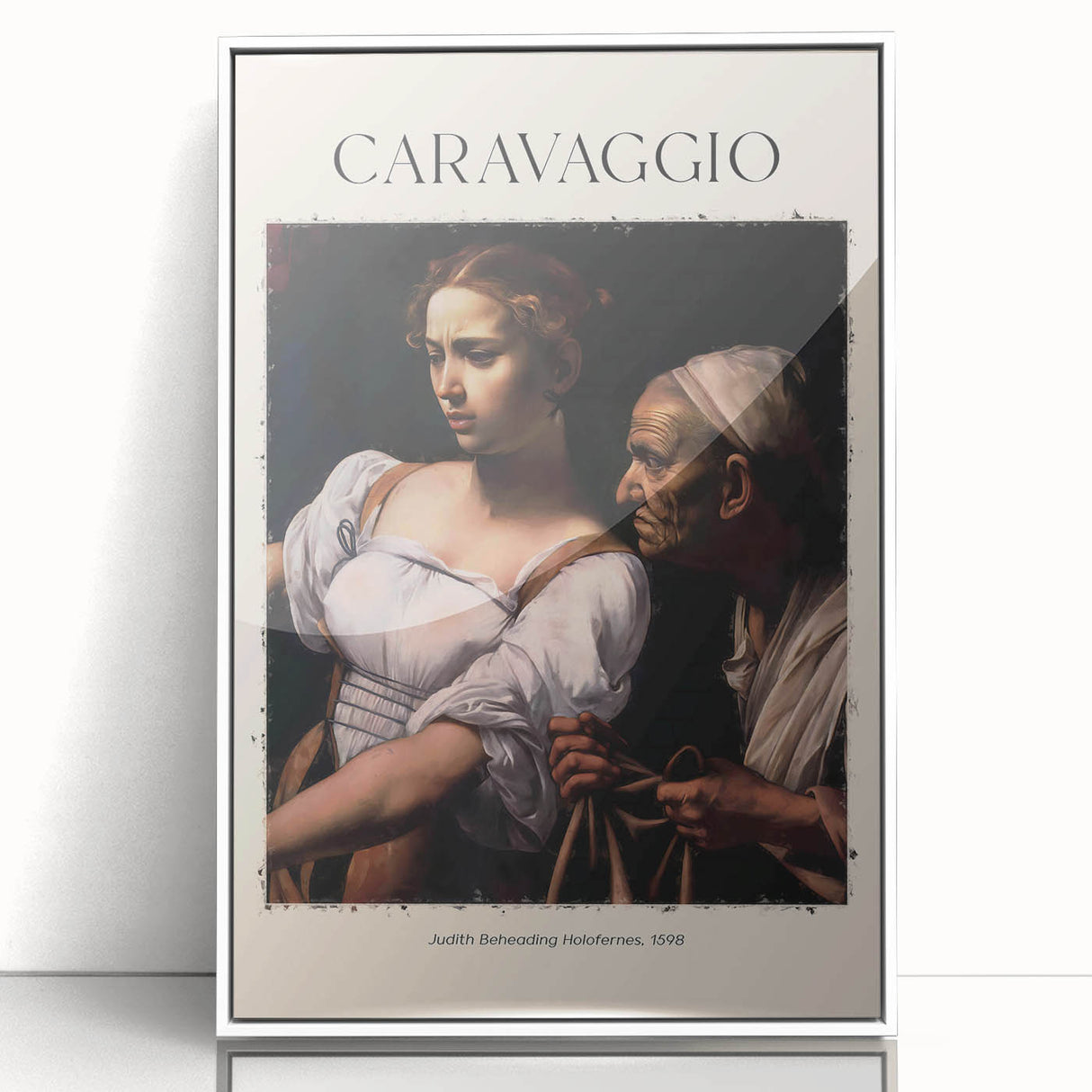 Mid-century modernist art depicting Caravaggio's influence, framed acrylic in white, suitable for nursery wall art.