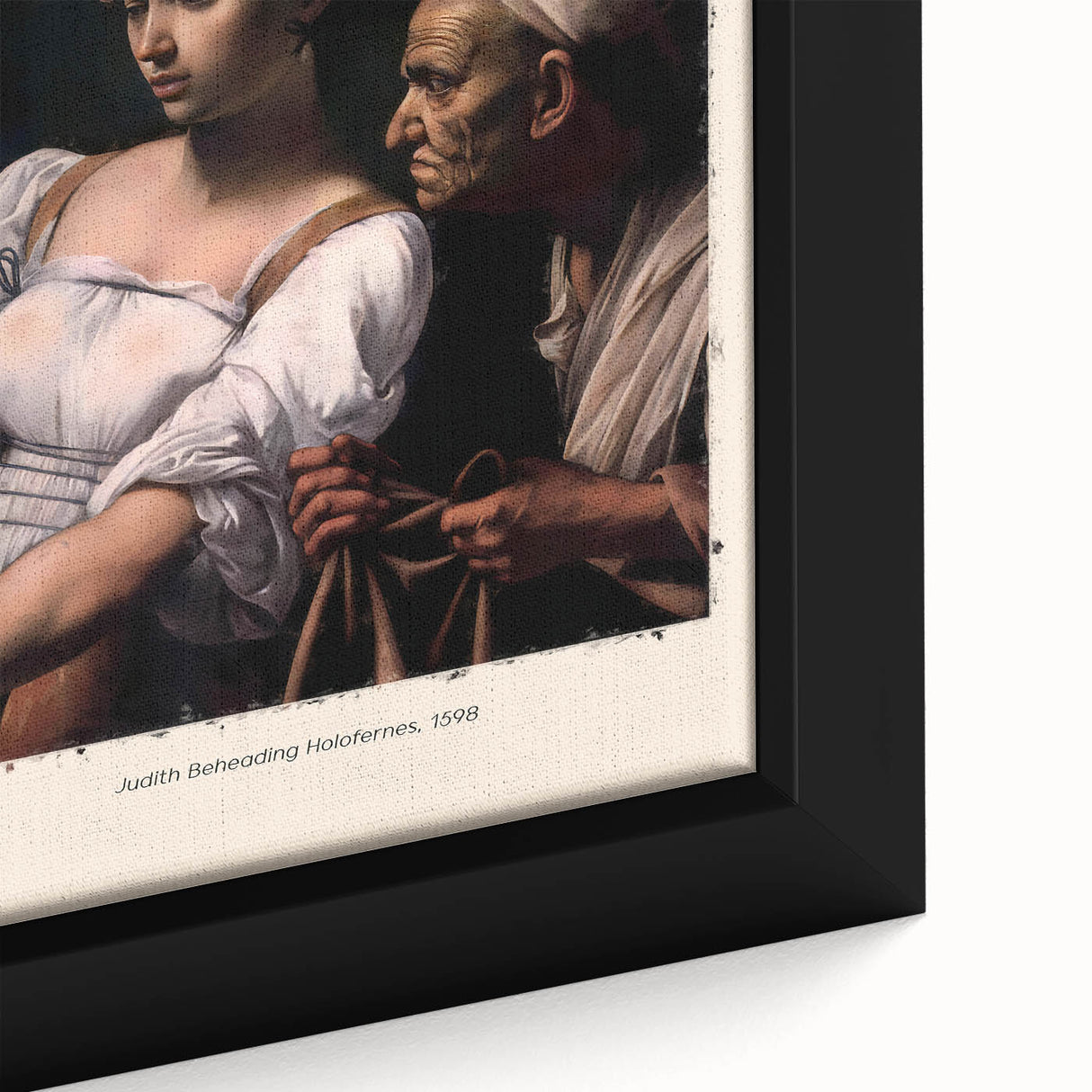 Close-up of a framed canvas featuring a black textured artwork with colorful accents, ideal for living room decor.