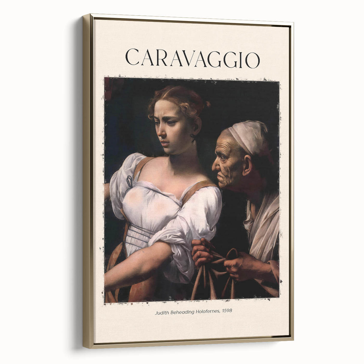 Framed canvas of a Caravaggio-inspired landscape painting, featuring dark tones with vibrant color accents.