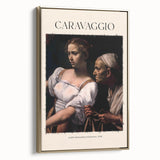 Framed canvas of a Caravaggio-inspired landscape painting, featuring dark tones with vibrant color accents.