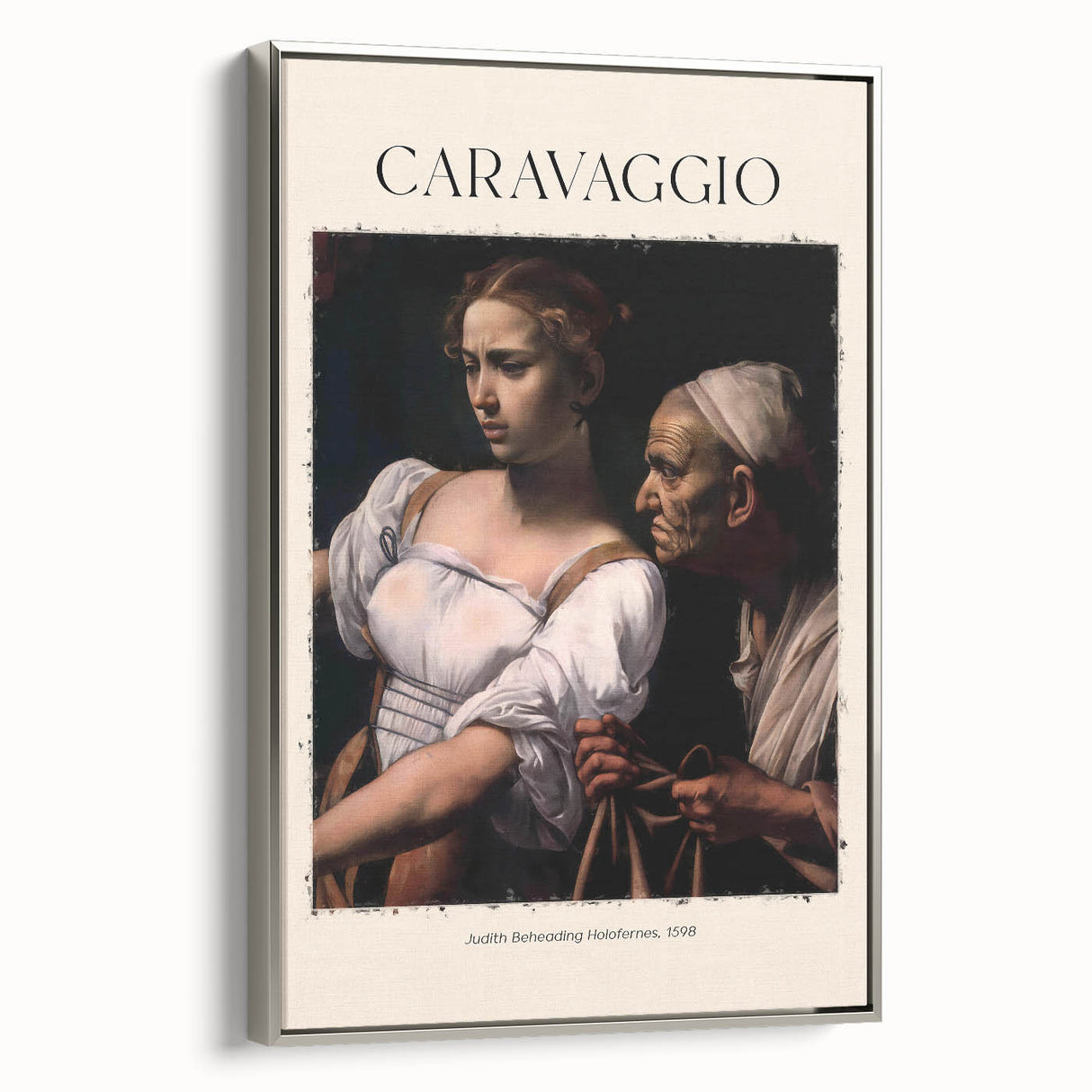 Vintage poster art of Caravaggio's painting in a silver frame, featuring deep black and vibrant color tones.