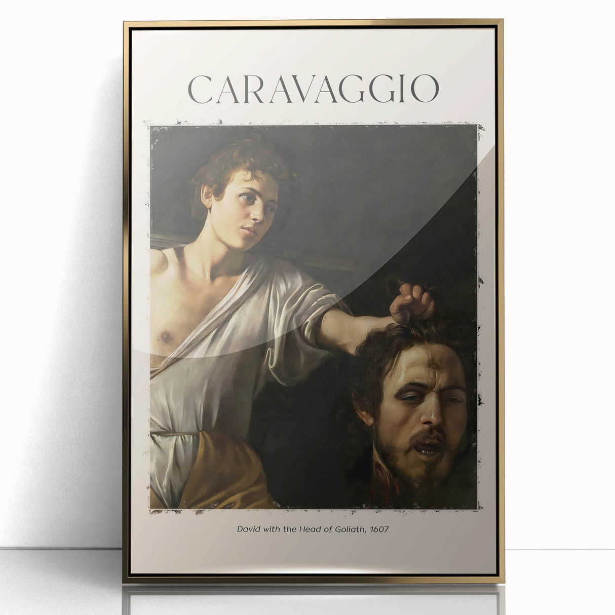 Mid-century modernist art depicting a Caravaggio-inspired scene in muted gold and black tones, framed acrylic.