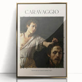 Mid-century modernist art depicting a Caravaggio-inspired scene in muted gold and black tones, framed acrylic.