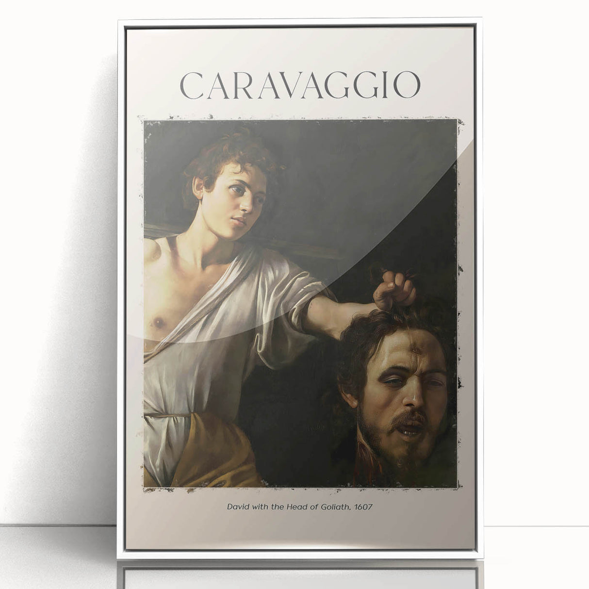 Mid-century modernist art print of Caravaggio's design on white framed acrylic, featuring dark and light contrasts.