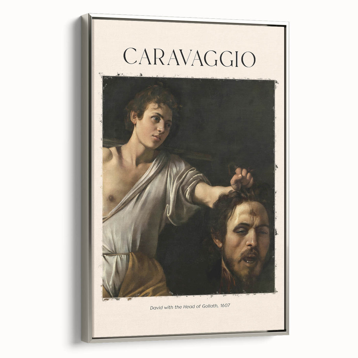 Vintage poster art of Caravaggio's design, framed canvas with silver edges.
