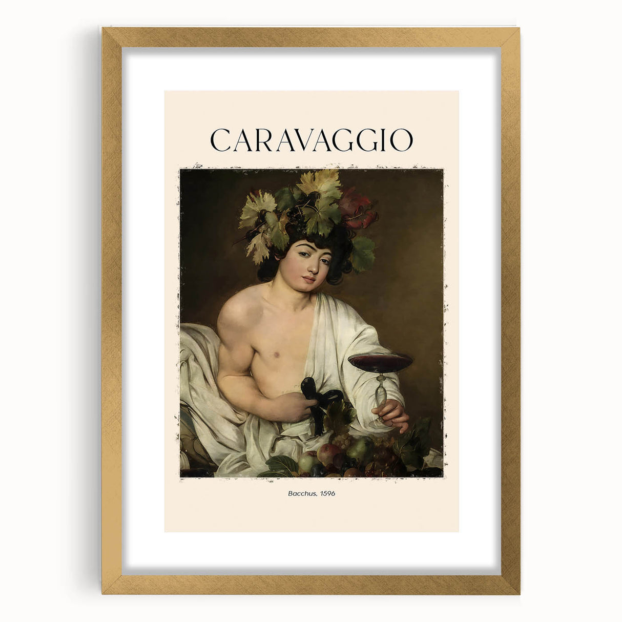 Textured abstract art print depicting a Caravaggio-inspired design, in gold frame with mat, ideal for bedroom art.