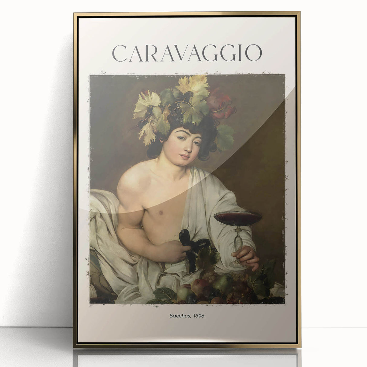Mid-century modernist art depicting a Caravaggio-inspired scene in muted gold and brown tones, framed acrylic.