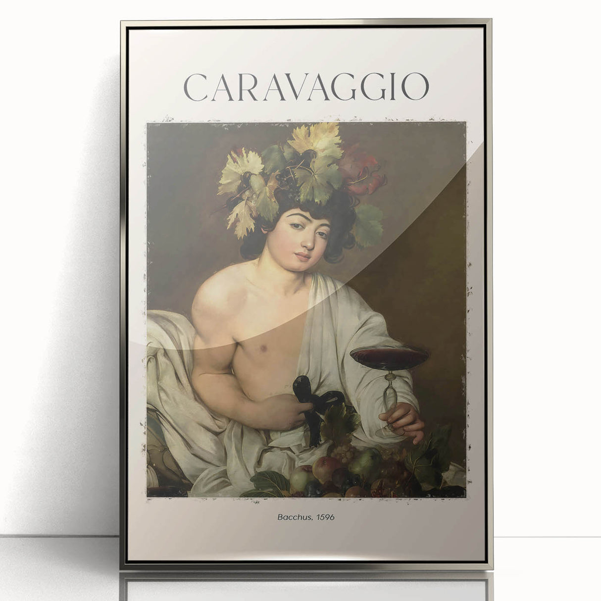 Art deco poster featuring a Caravaggio design in muted silver and gray tones, framed acrylic.